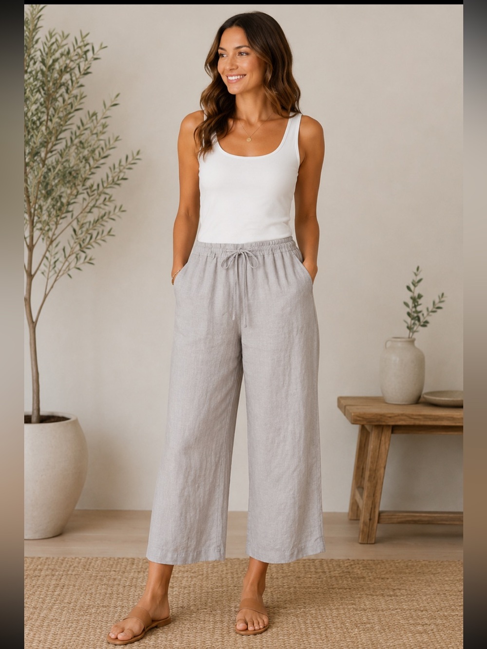 Three Dots Light Gray Linen Drawstring Cropped Pants